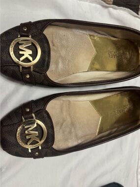 Michael Kors Brown Leather-Look Logo Ballet Flats with Gold Emblem